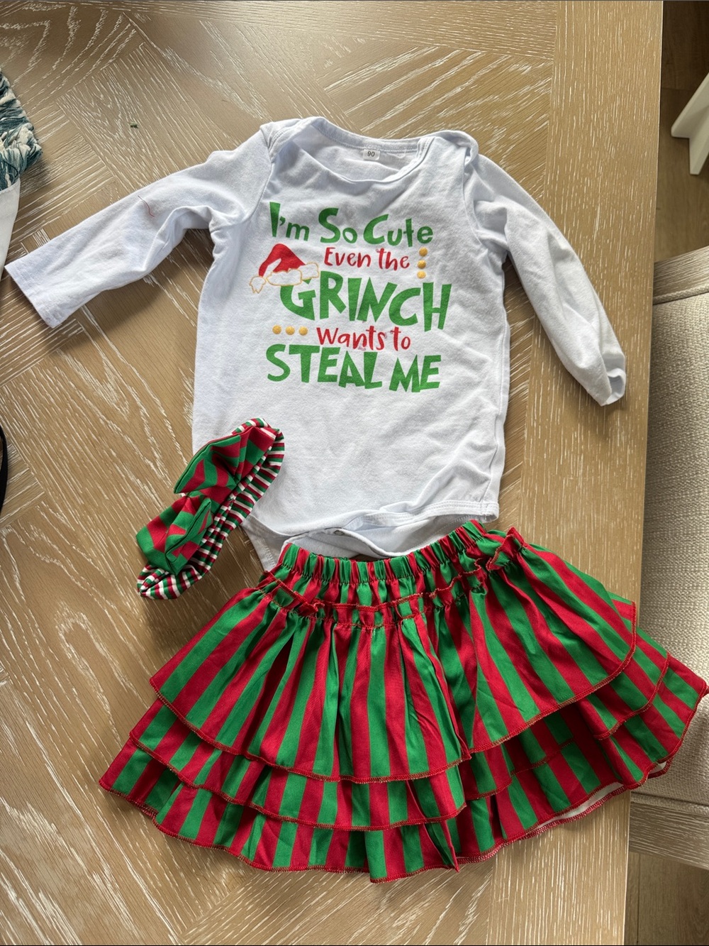 Kids Holiday Grinch-Inspired Outfit - White Top with Red & Green Striped Skirt